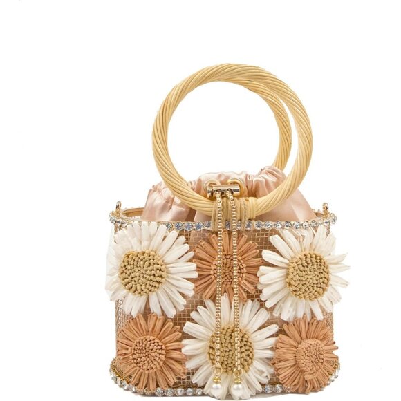 ⚡ Women's Brown White Flower Shaped Rhinestone Metallic Bucket Crossbody Bag - Picture 5 of 8